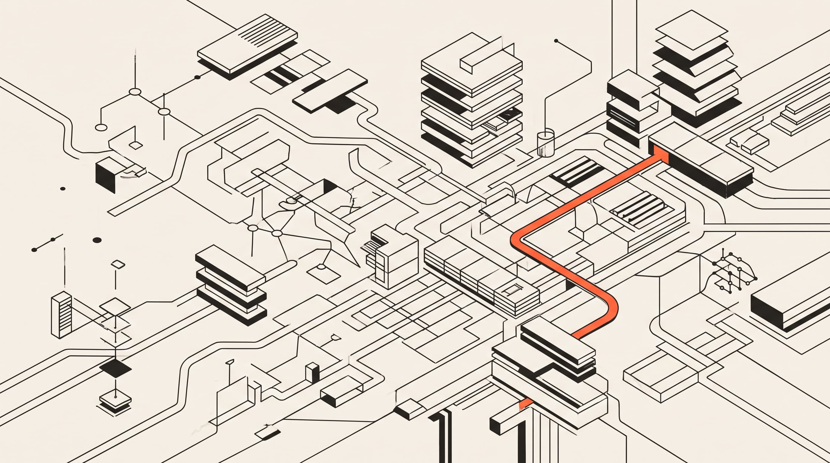 Abstract architectural system map in black on warm paper, with a single orange route connecting fragmented structures.