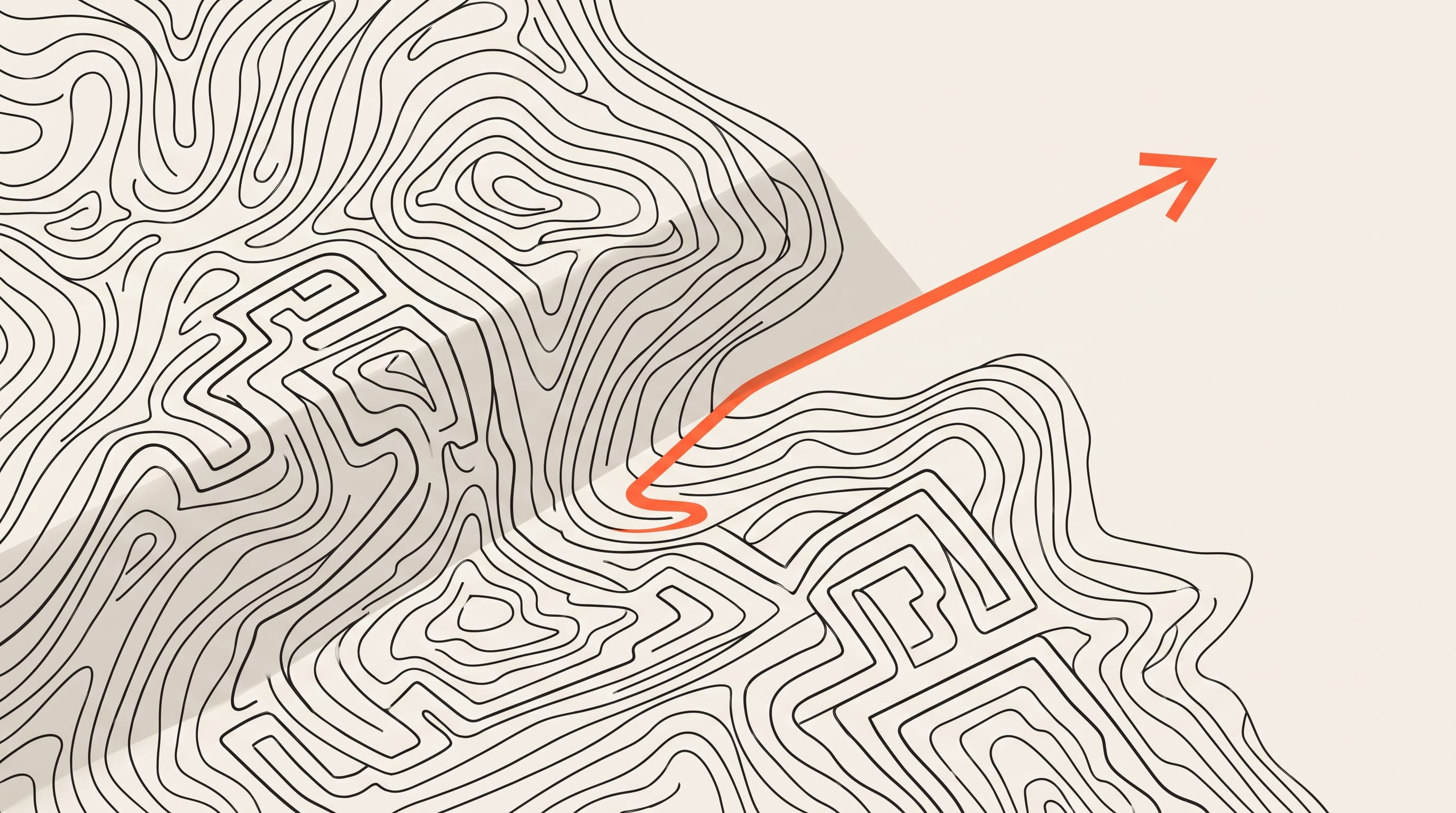 Abstract black contour lines on warm paper, with one signal-orange path breaking free into a clear direction